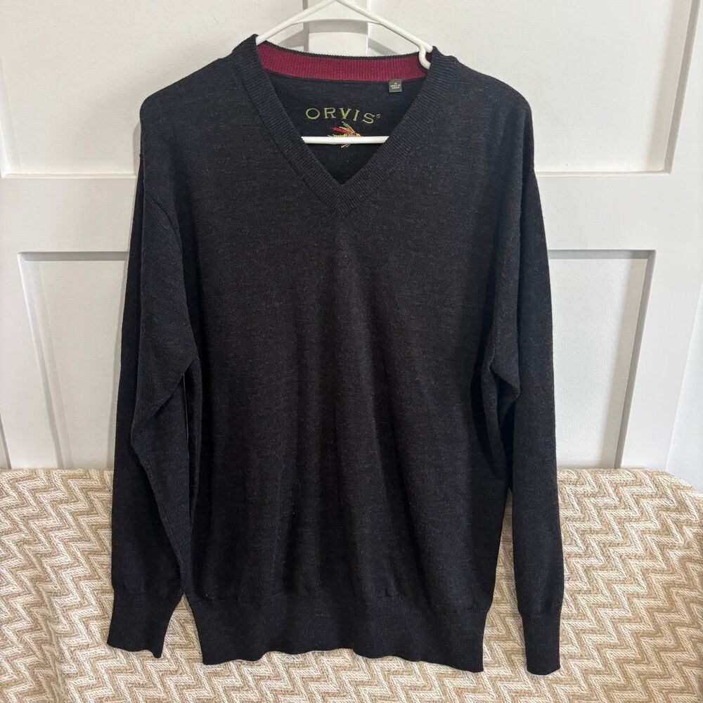 Orvis Men’s 100% Merino Wool V-Neck Lightweight Sweater Black Size Medium